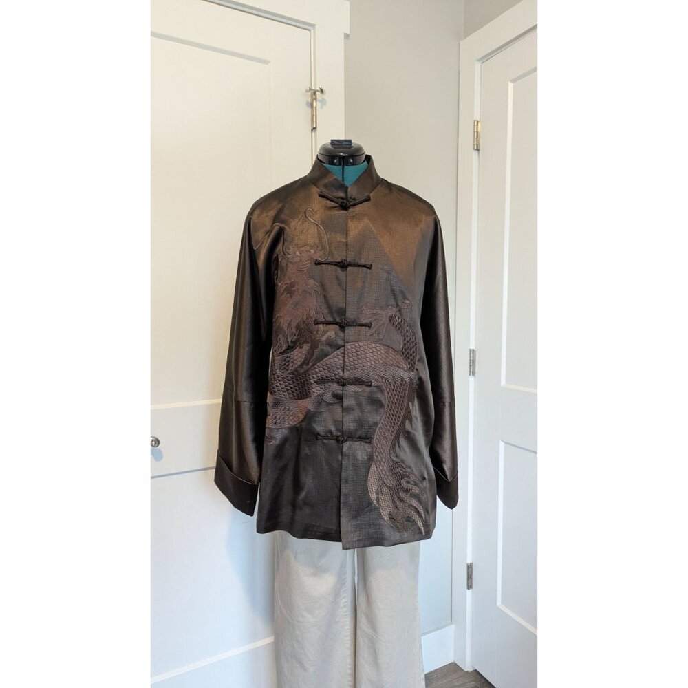 Vintage Mens Traditional Chinese Jacket Large Dragon Brown Satin House Coat